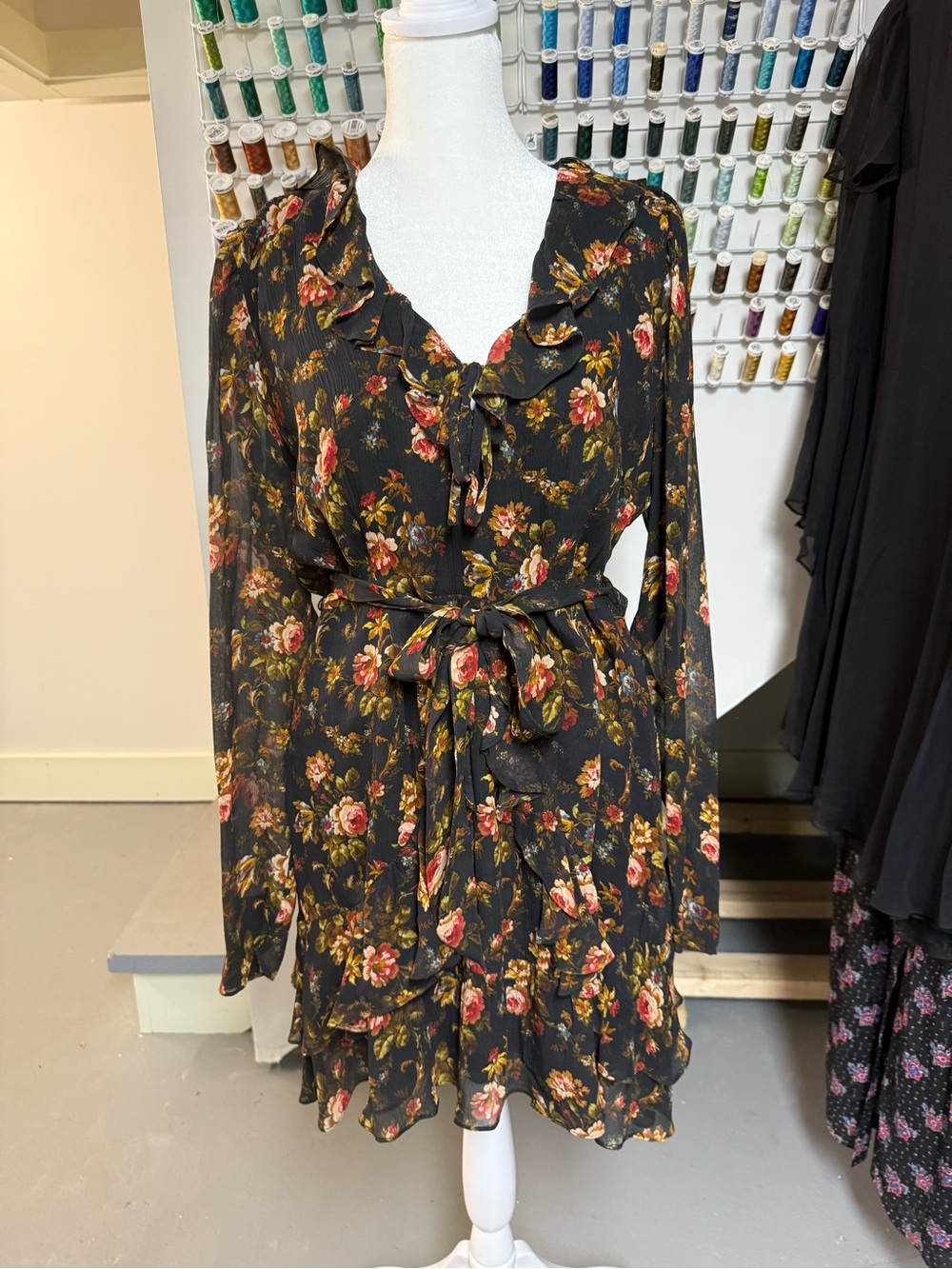 PAIGE Black Floral Long-Sleeve Tie-Waist Ruffle Dress